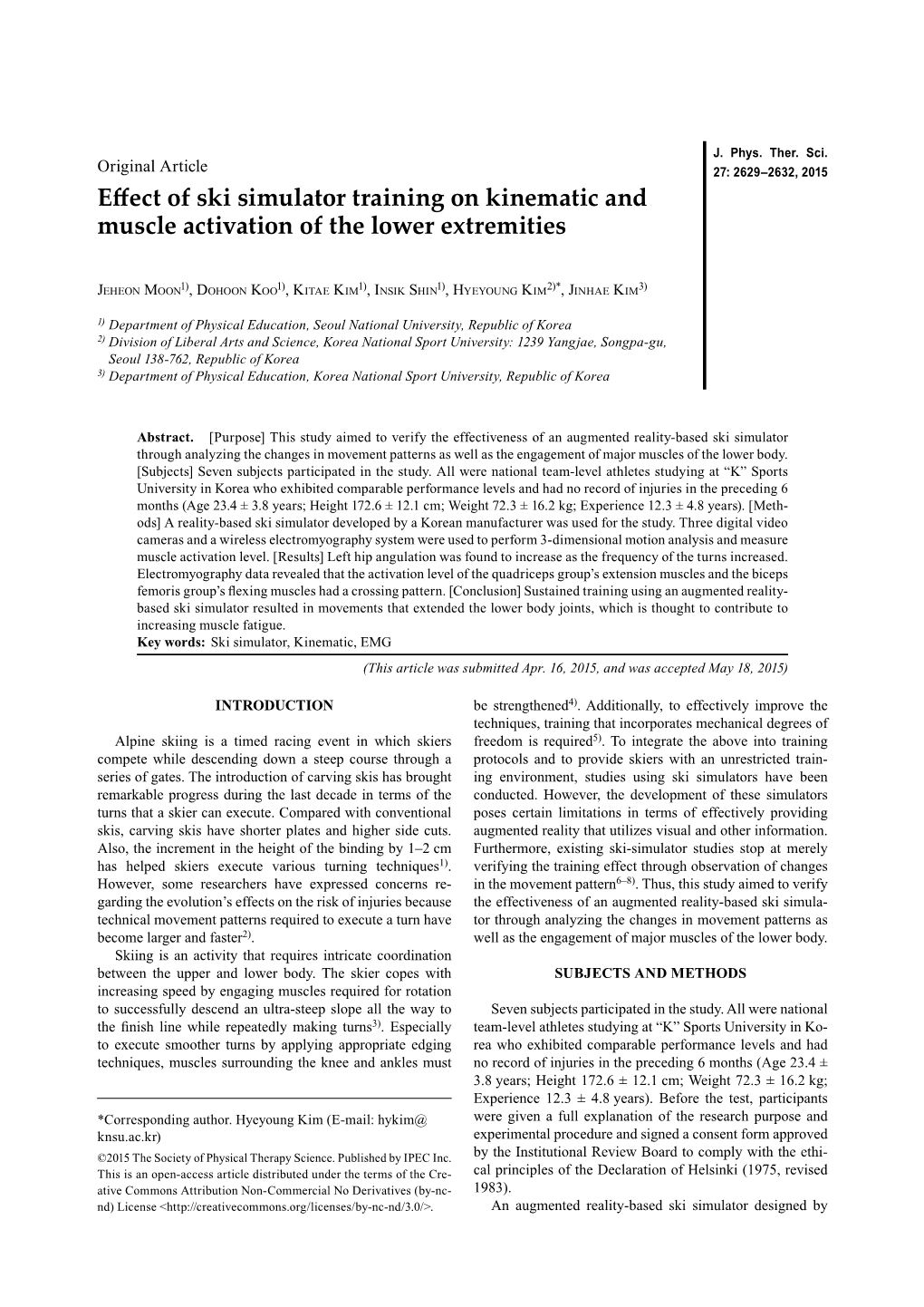 Effect of Ski Simulator Training on Kinematic and Muscle Activation of the Lower Extremities