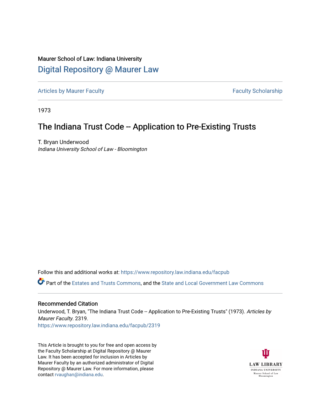 The Indiana Trust Code -- Application to Pre-Existing Trusts