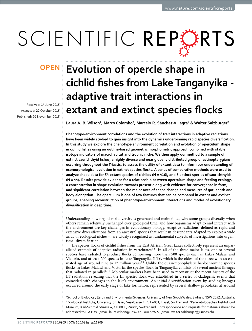 Evolution of Opercle Shape in Cichlid Fishes from Lake Tanganyika