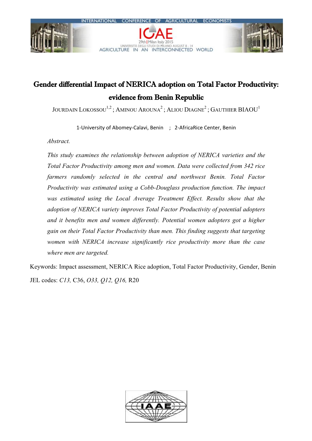 Gender Differential Impact of NERICA Adoption on Total Factor Productivity