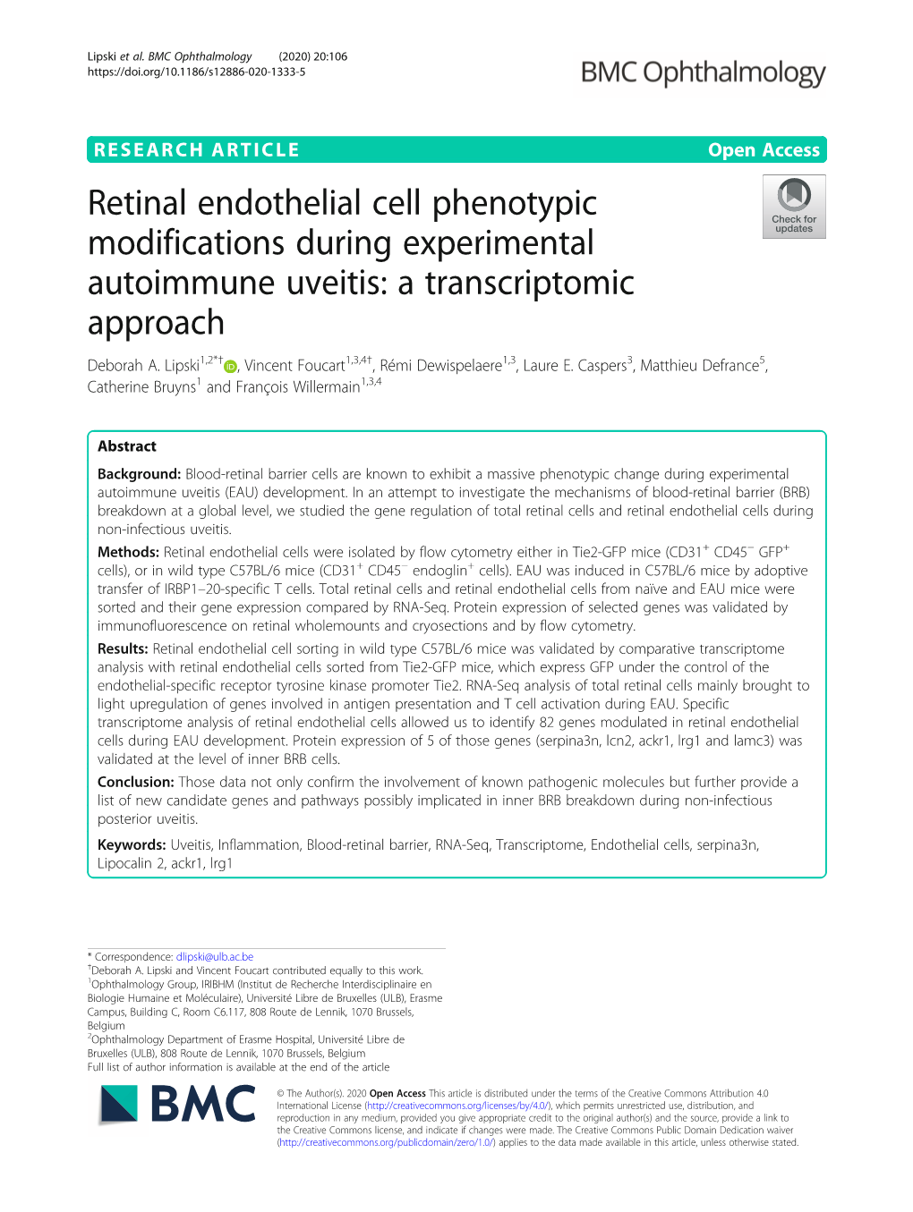 Retinal Endothelial Cell Phenotypic Modifications During Experimental Autoimmune Uveitis: a Transcriptomic Approach Deborah A