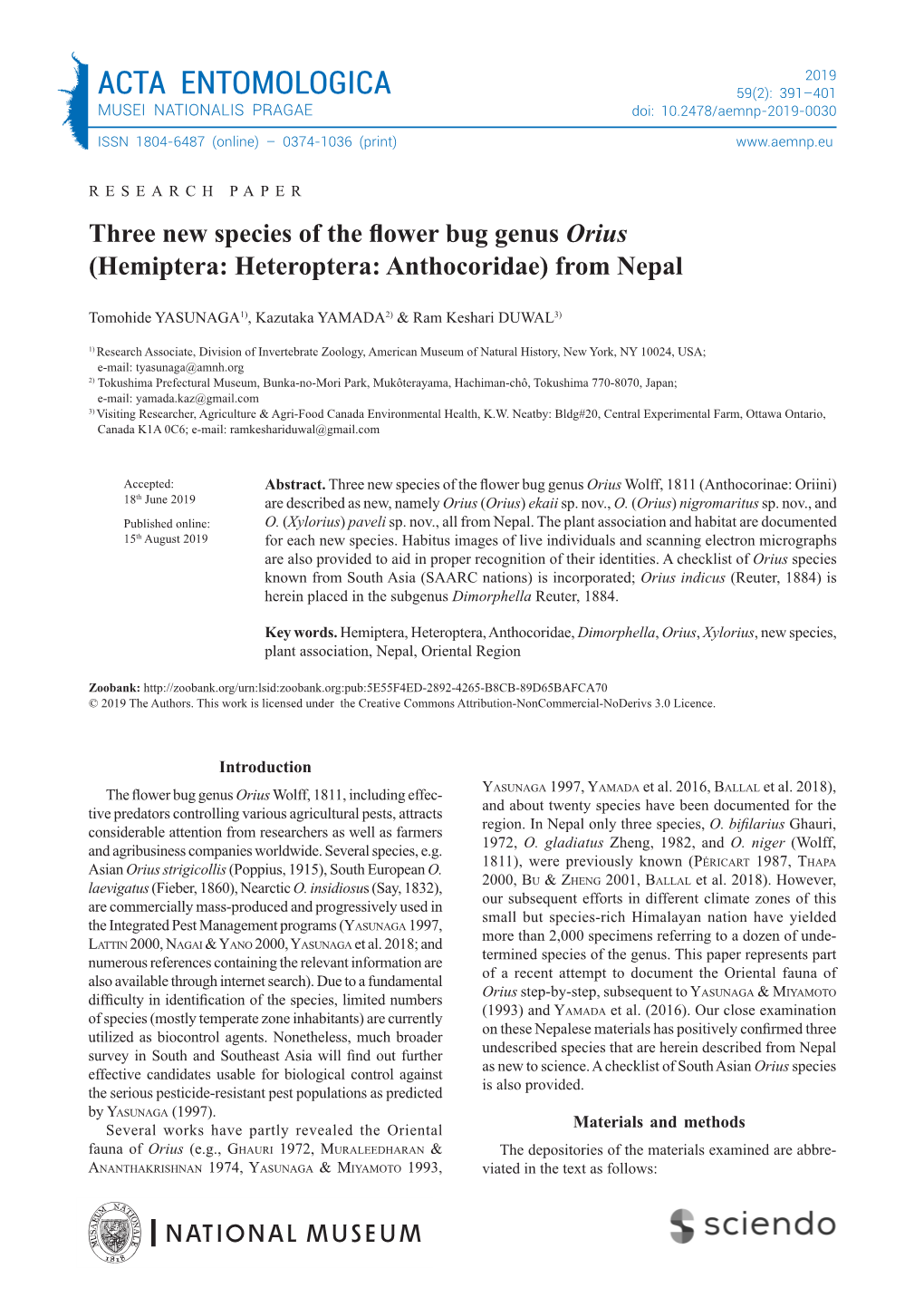 ACTA ENTOMOLOGICA 59(2): 391–401 MUSEI NATIONALIS PRAGAE Doi: 10.2478/Aemnp-2019-0030