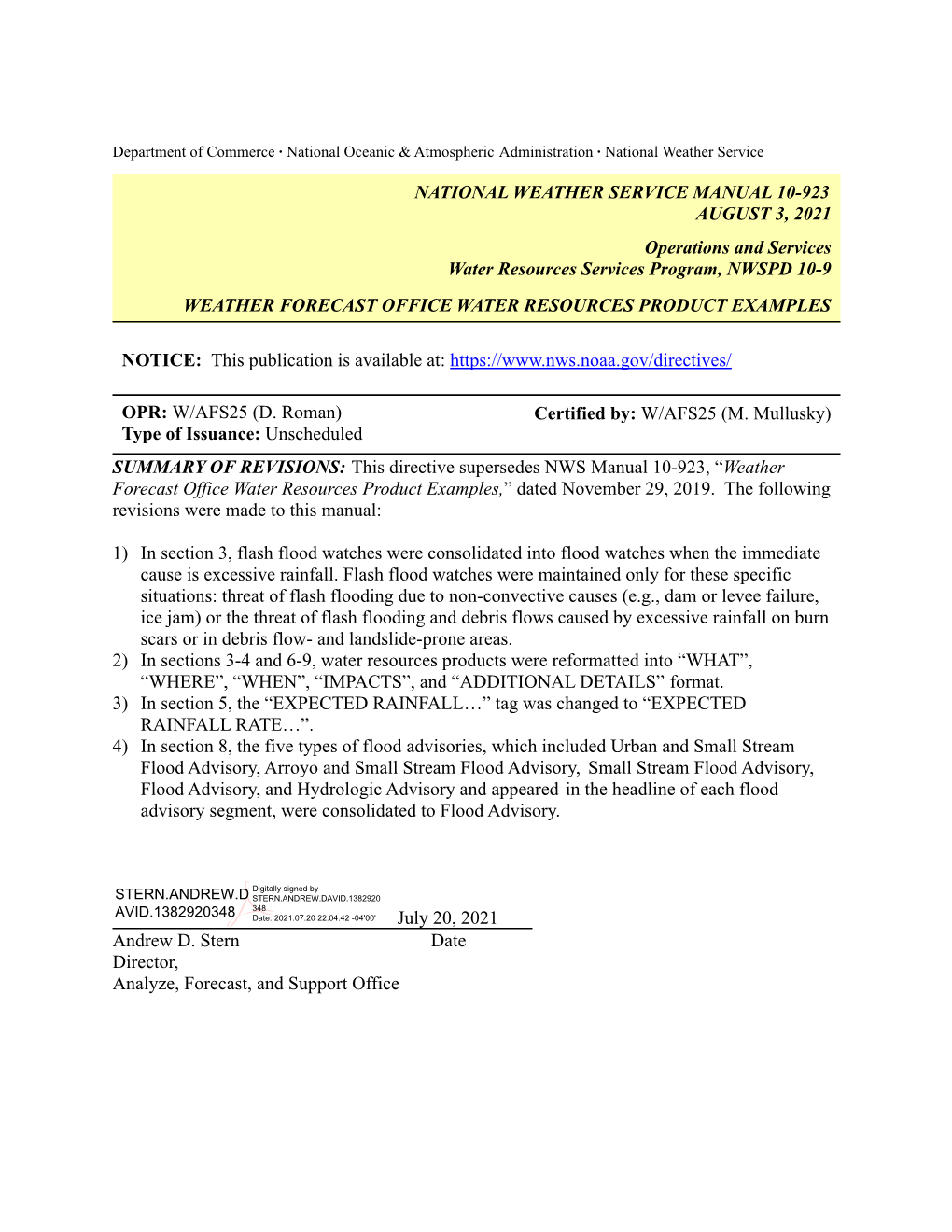 NWS Manual 10-923, “Weather Forecast Office Water Resources Product Examples,” Dated November 29, 2019