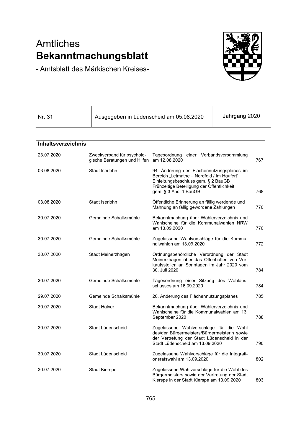 Amtliches Bekanntmachungsblatt - Amtsblatt Des Märkischen Kreises