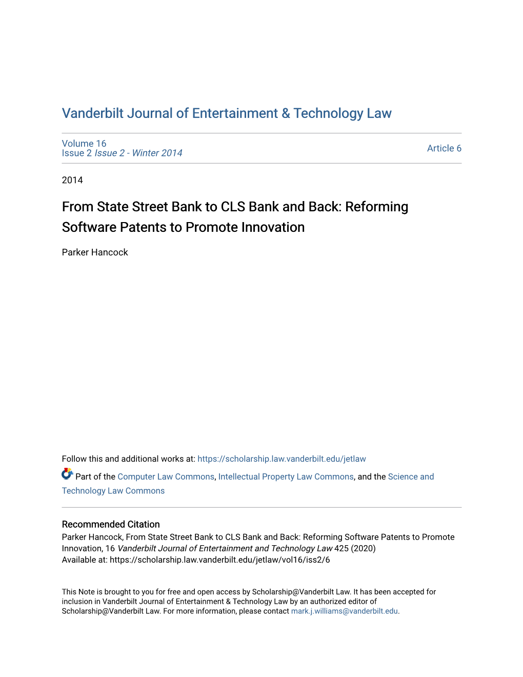 From State Street Bank to CLS Bank and Back: Reforming Software Patents to Promote Innovation