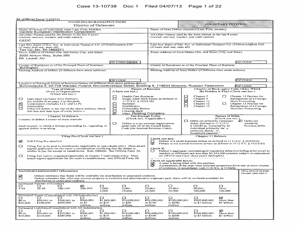 Case 13-10738 Doc 1 Filed 04/07/13 Page 1 of 22