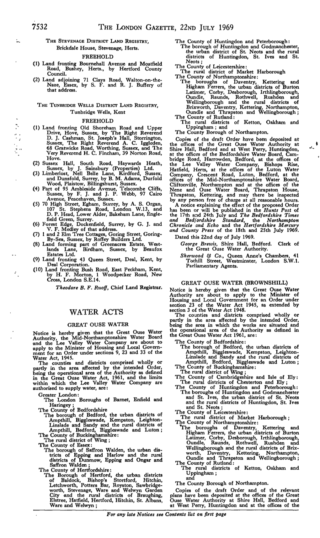 7532 the London Gazette, 22Nd July 1969 Water Acts