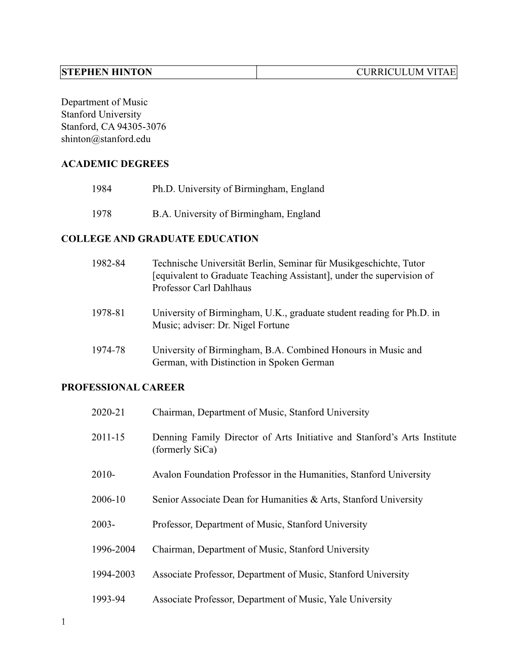 Stephen Hinton Curriculum Vitae