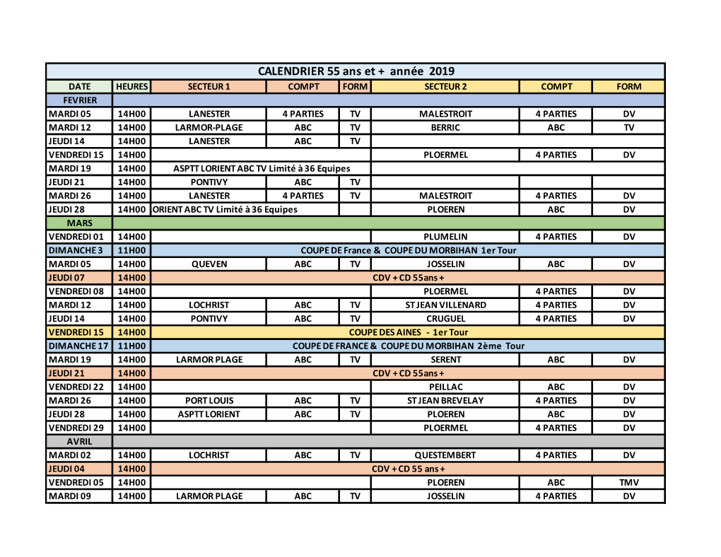 CALENDRIER 55 Ans Et + Année 2019