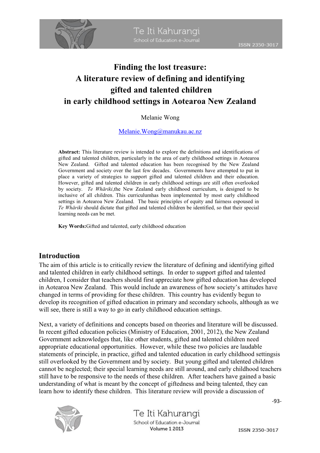 A Literature Review of Defining and Identifying Gifted and Talented Children in Early Childhood Settings in Aotearoa New Zealand