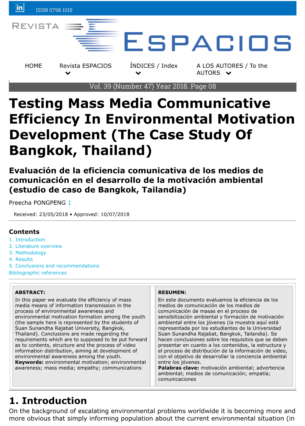 Testing Mass Media Communicative Efficiency in Environmental Motivation Development (The Case Study of Bangkok, Thailand)