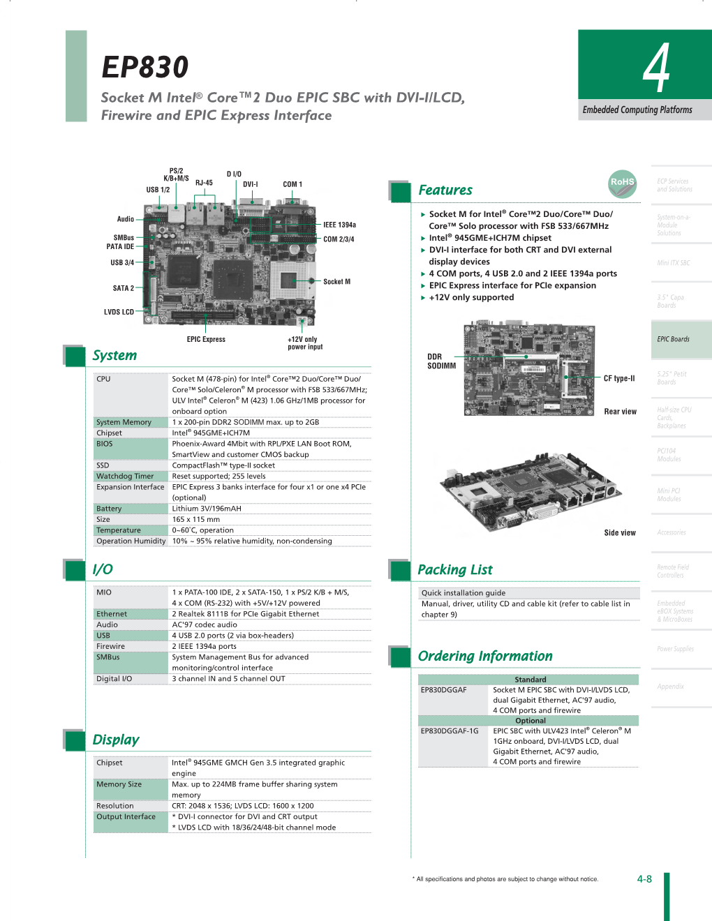 Socket M Intel® Core™2 Duo EPIC SBC with DVI-I/LCD, Firewire And