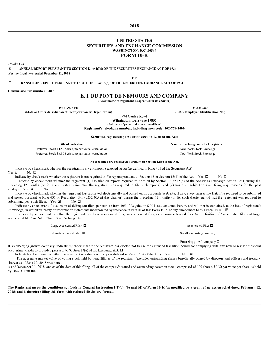 Form 10-K E. I. Du Pont De Nemours and Company