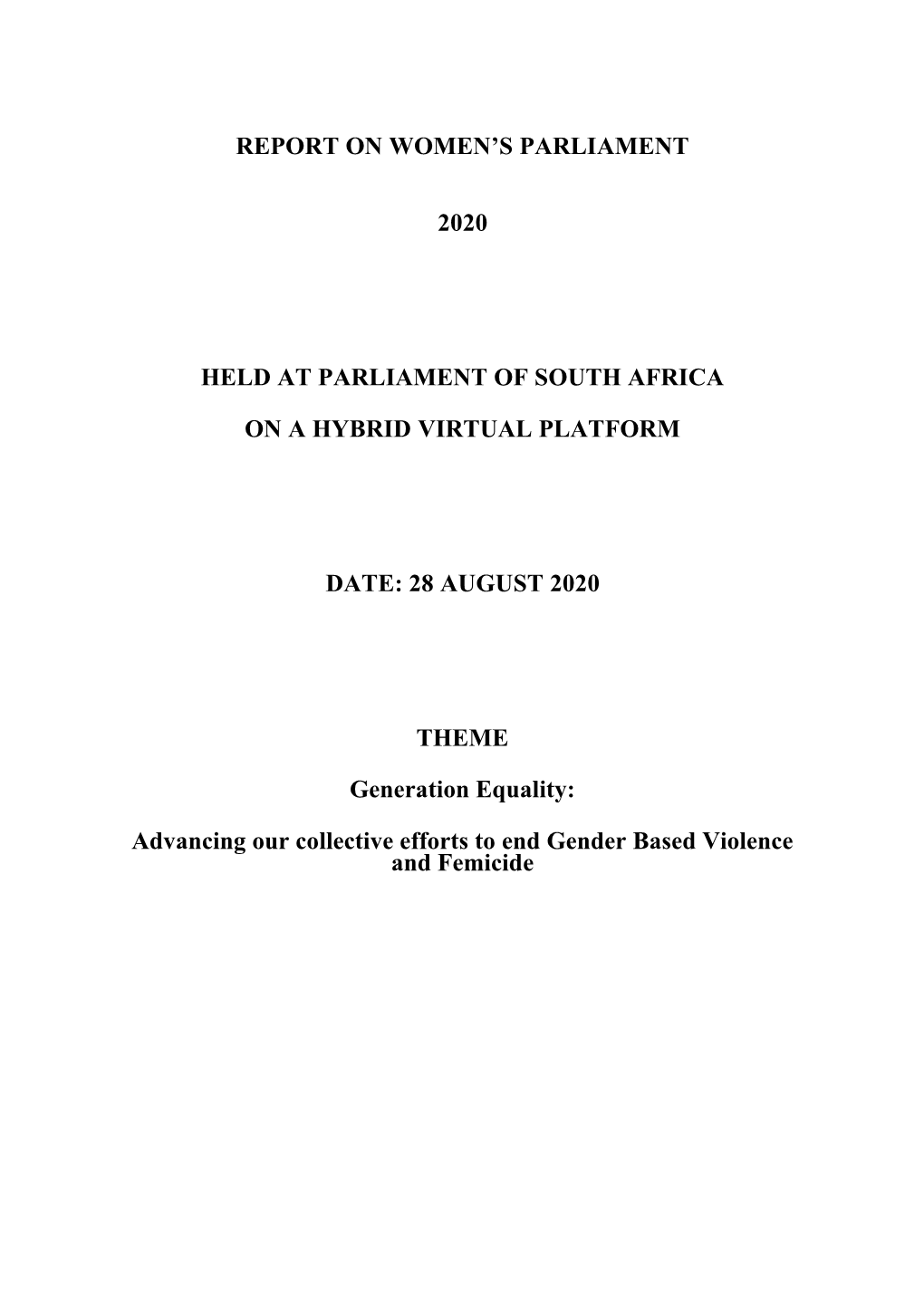 Report on Women's Parliament, Date 28 August 2020