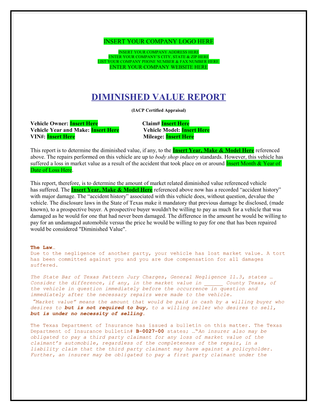 Diminished Value Report