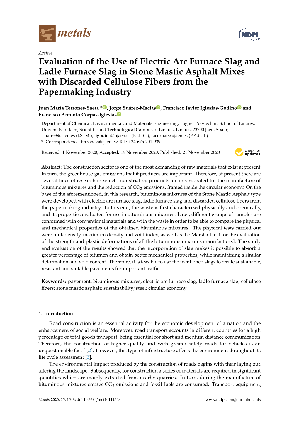 Evaluation of the Use of Electric Arc Furnace Slag and Ladle Furnace Slag in Stone Mastic Asphalt Mixes with Discarded Cellulose Fibers from the Papermaking Industry