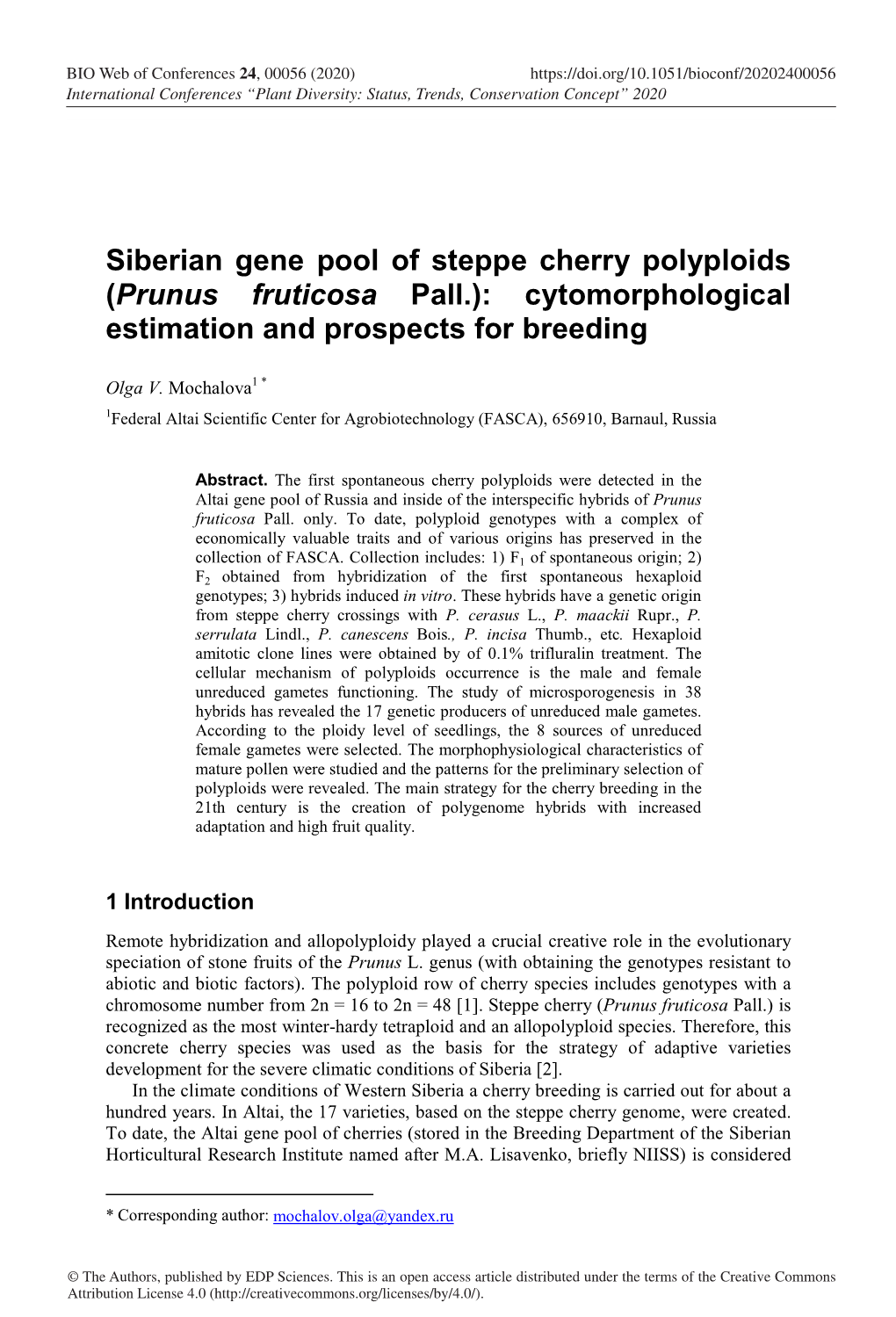 Siberian Gene Pool of Steppe Cherry Polyploids (Prunus Fruticosa Pall.): Cytomorphological Estimation and Prospects for Breeding