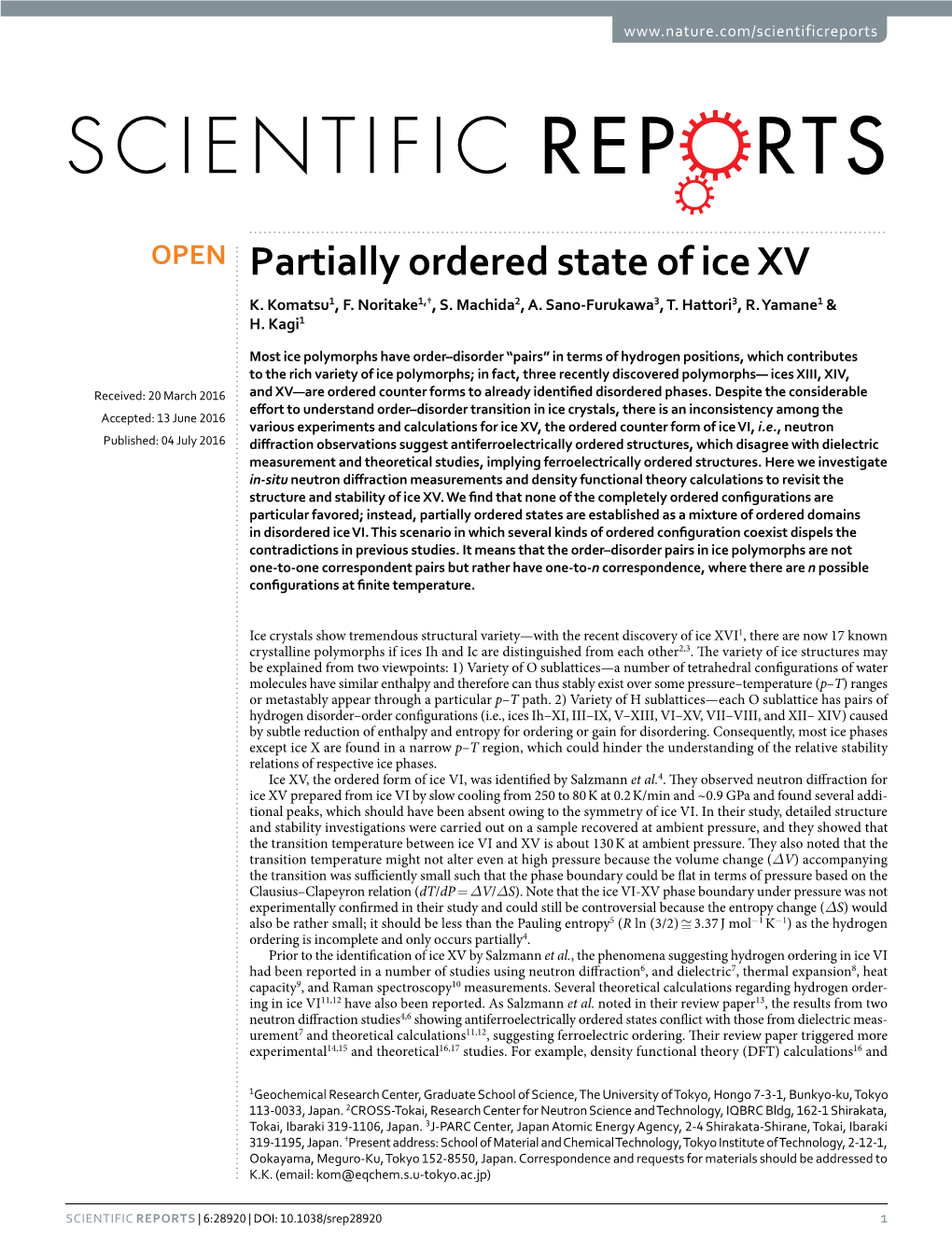 Partially Ordered State of Ice XV K