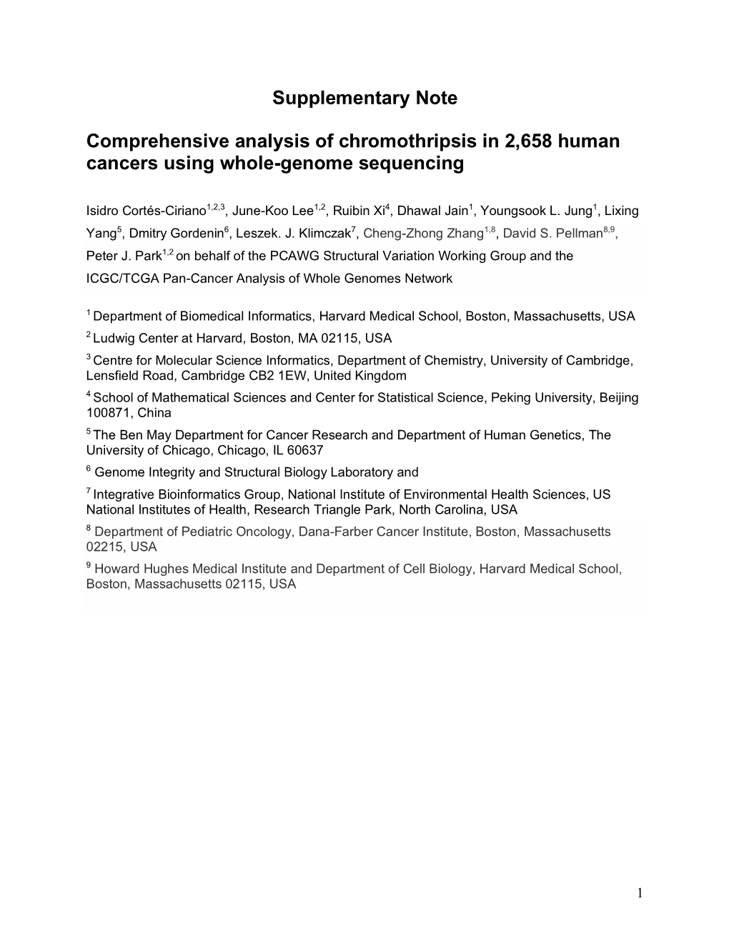 Supplementary Note Comprehensive Analysis of Chromothripsis in 2,658