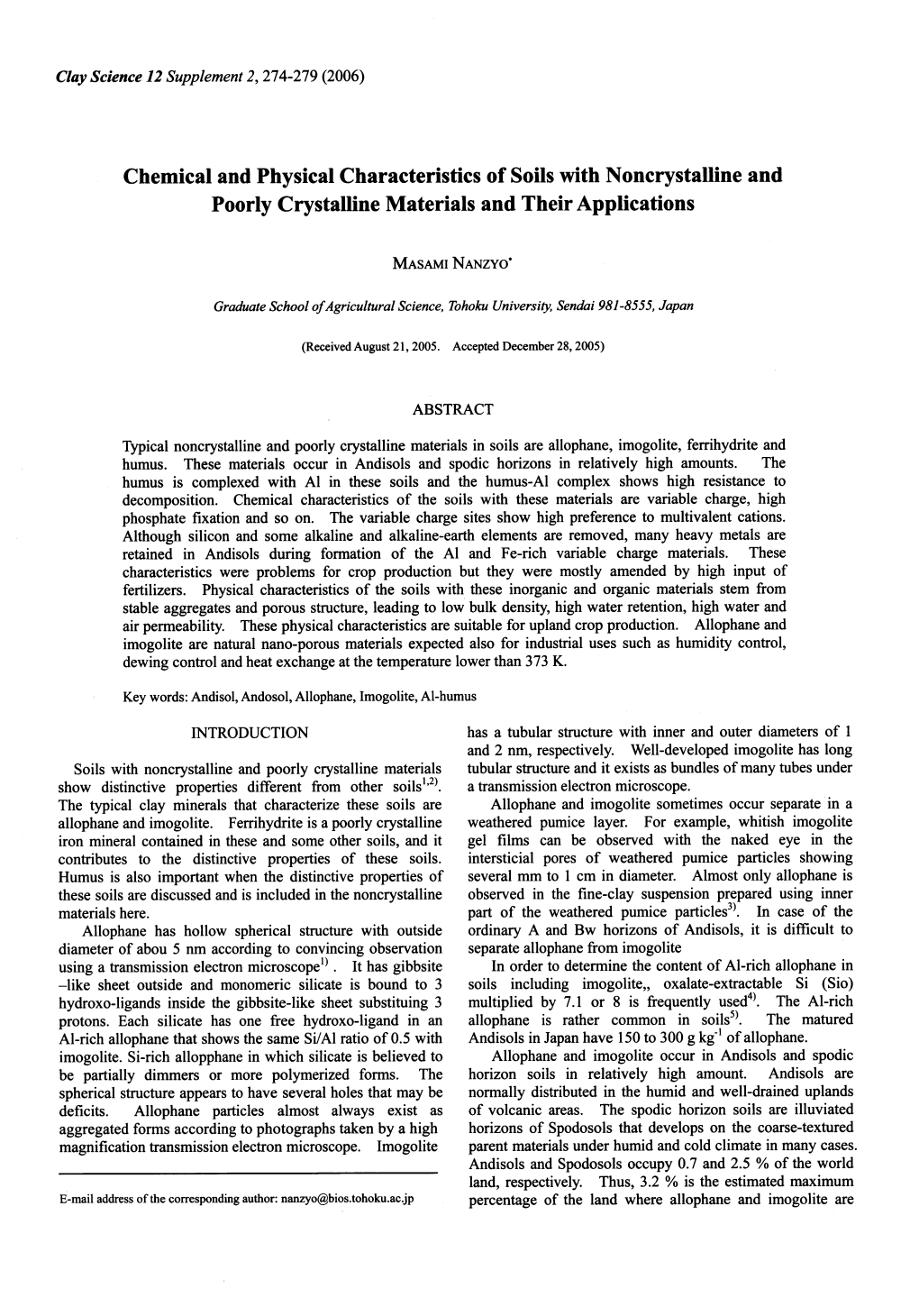 Chemical and Physical Characteristics of Soils with Noncrystalline and Poorly Crystalline Materials and Their Applications MASAM