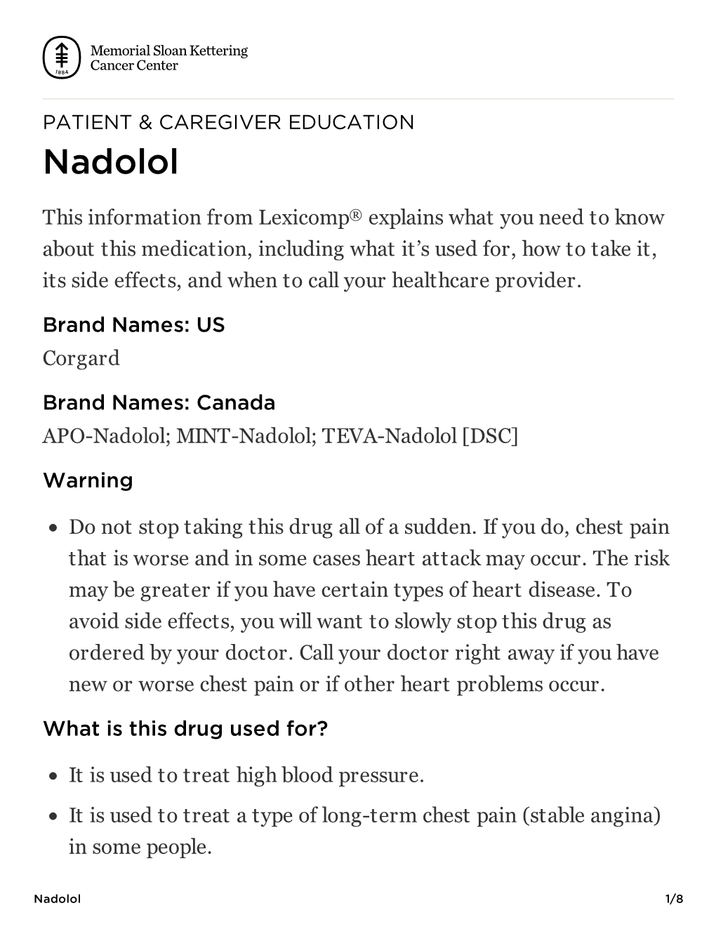 Nadolol | Memorial Sloan Kettering Cancer Center