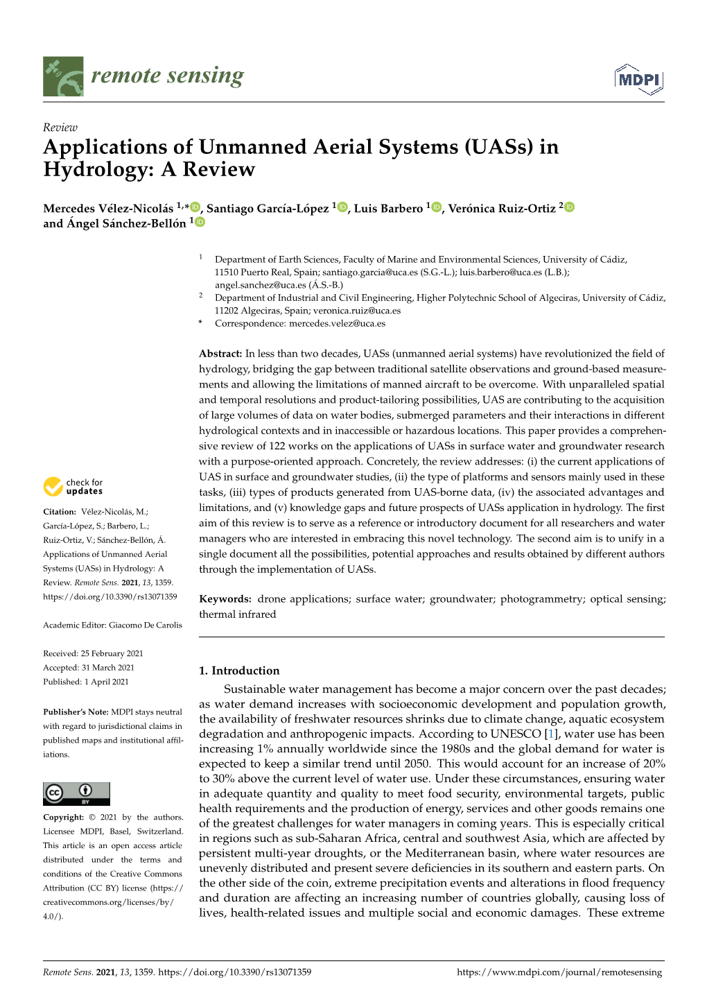 Applications of Unmanned Aerial Systems (Uass) in Hydrology: a Review