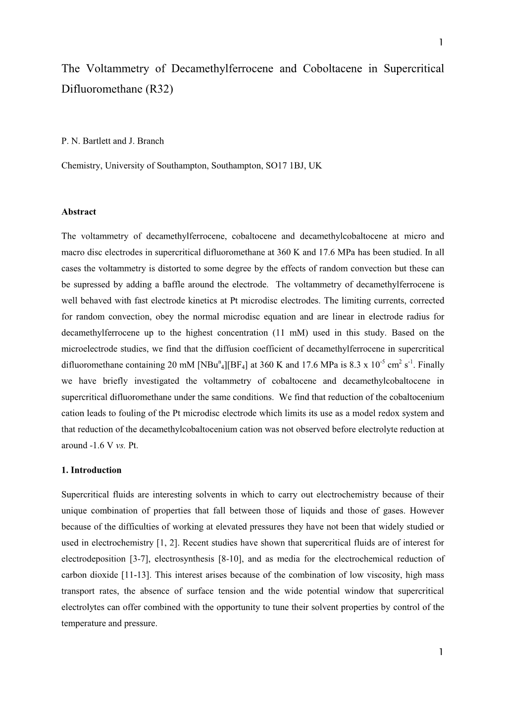 The Voltammetry of Decamethylferrocene and Coboltacene in Supercritical Difluoromethane (R32)