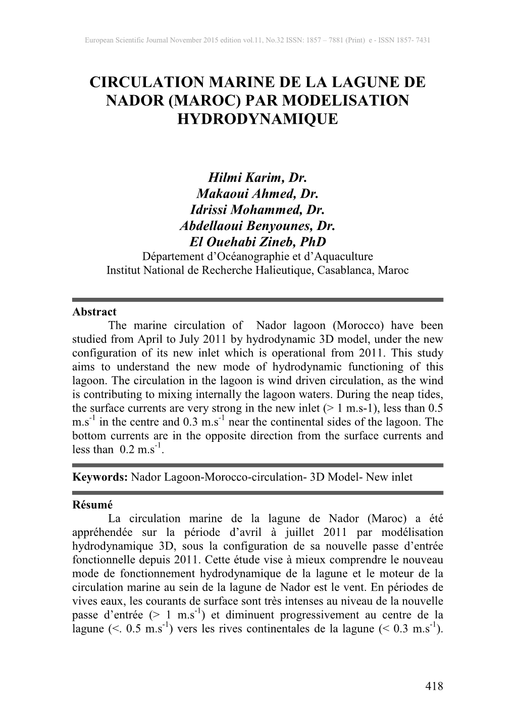 Circulation Marine De La Lagune De Nador (Maroc) Par Modelisation Hydrodynamique