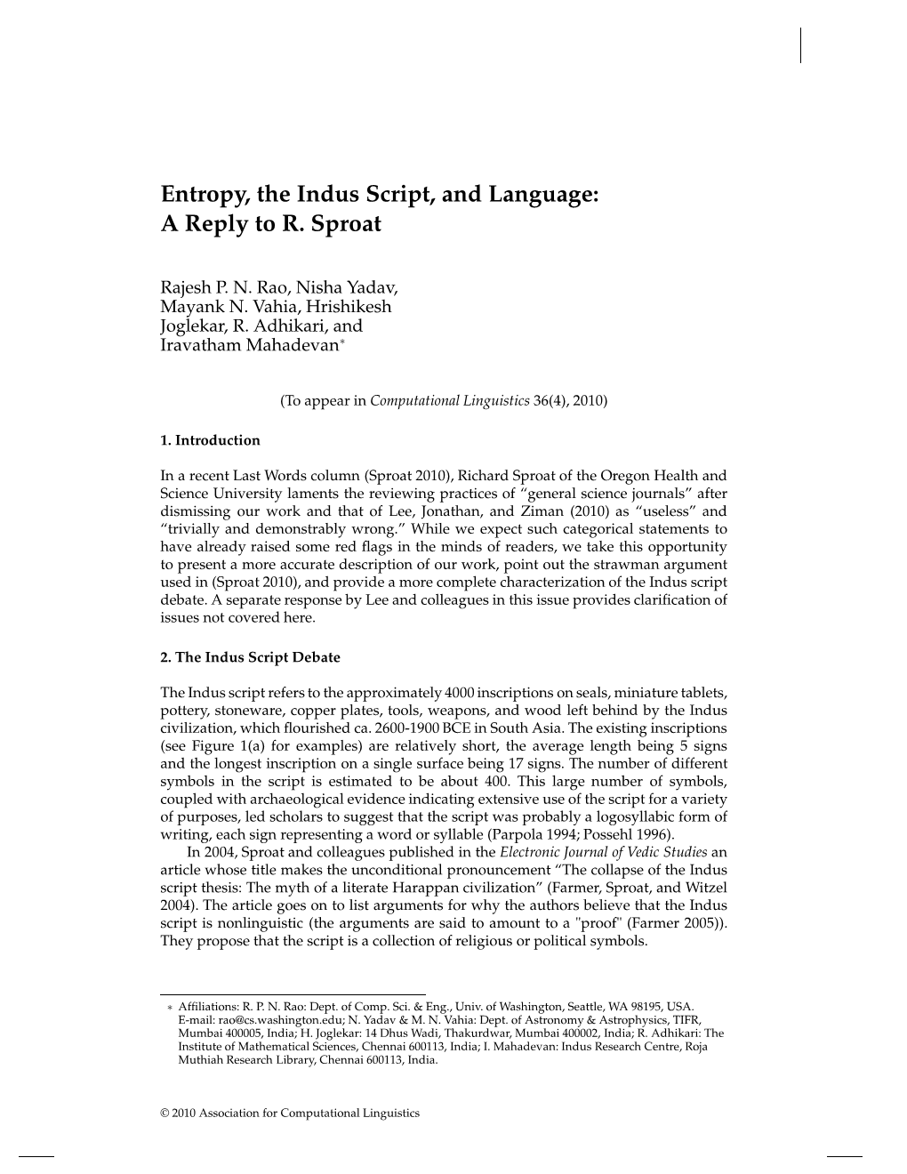 Entropy, the Indus Script, and Language: a Reply to R. Sproat