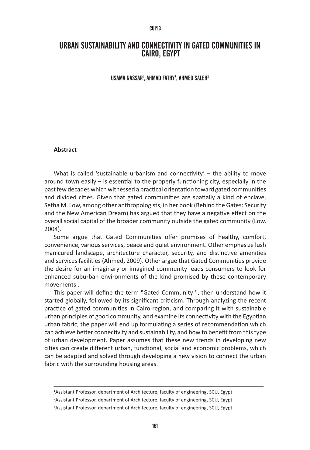 Urban Sustainability and Connectivity in Gated Communities in Cairo, Egypt