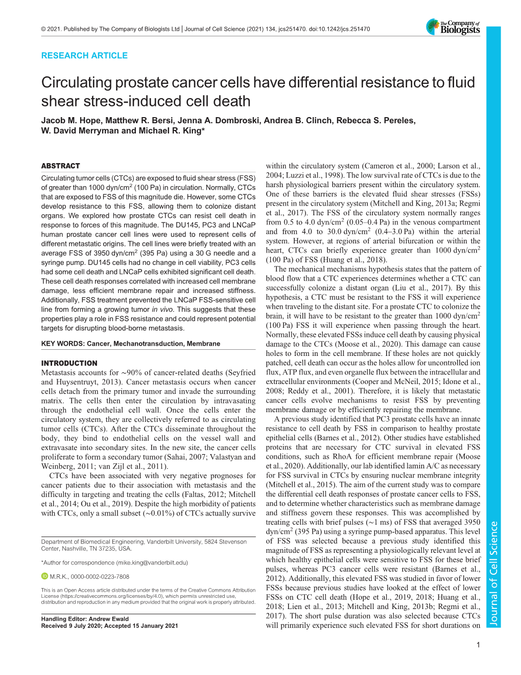 Circulating Prostate Cancer Cells Have Differential Resistance to Fluid Shear Stress-Induced Cell Death Jacob M