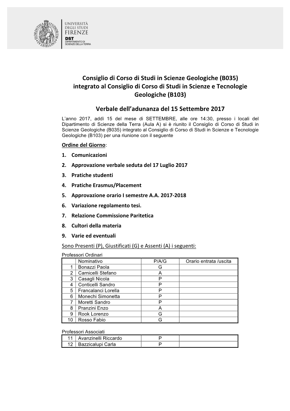B035) Integrato Al Consiglio Di Corso Di Studi in Scienze E Tecnologie Geologiche (B103