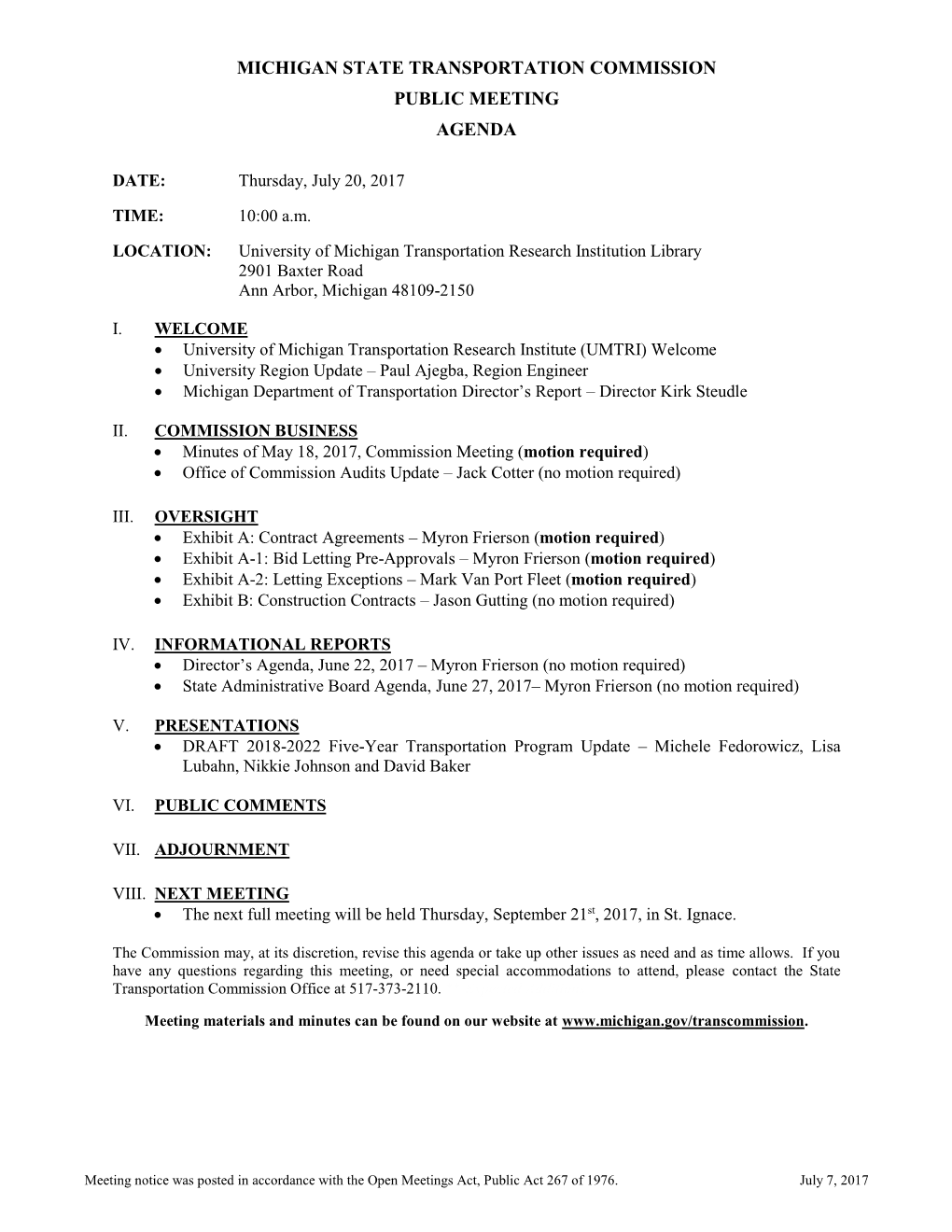 Michigan State Transportation Commission Public Meeting Agenda