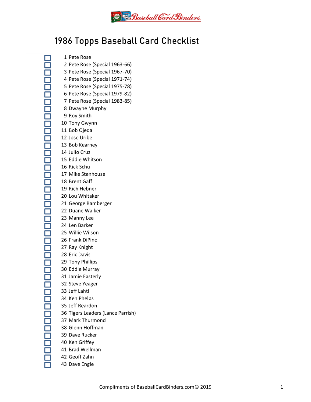 1986 Topps Baseball Card Checklist