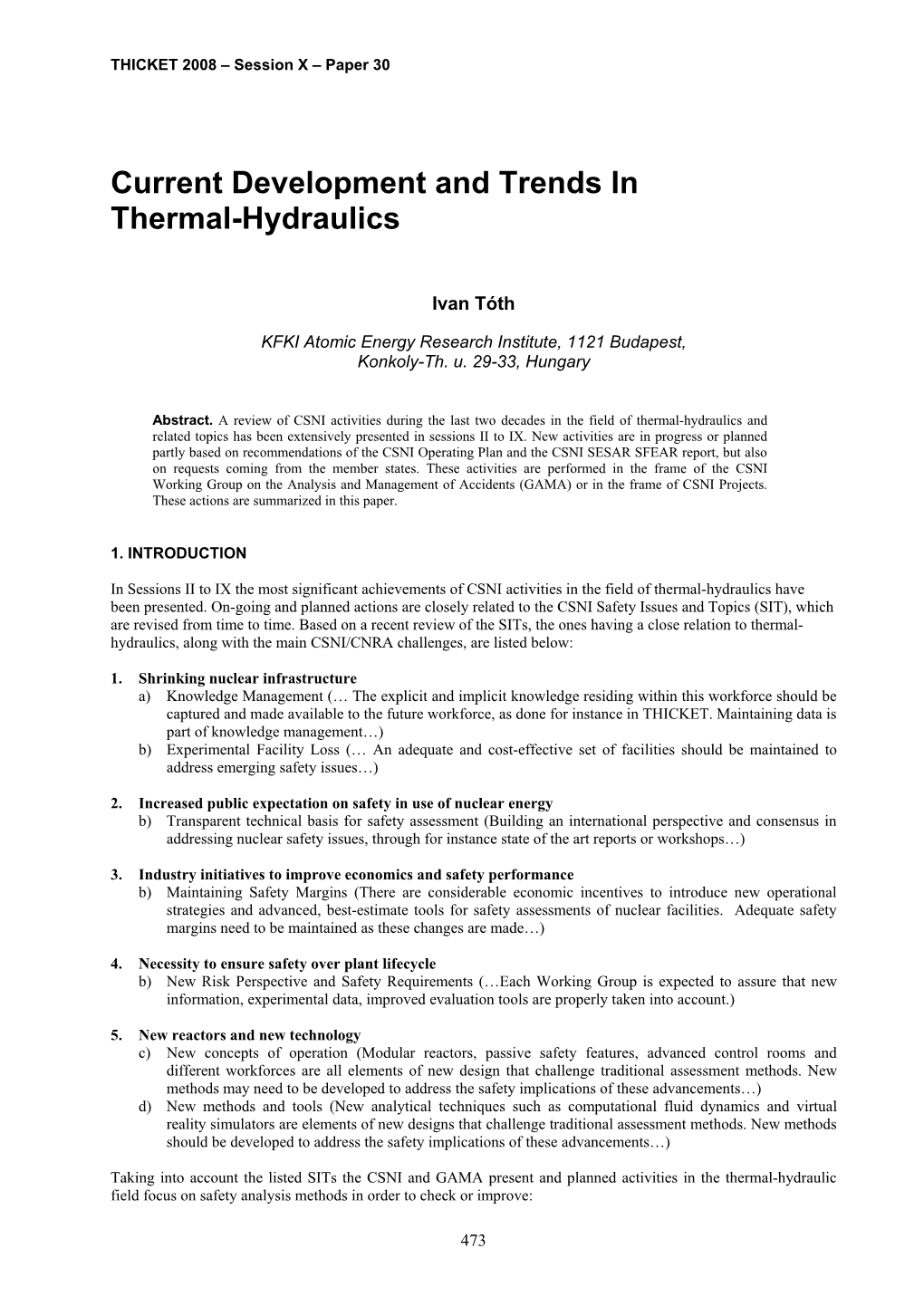 Current Development and Trends in Thermal-Hydraulics