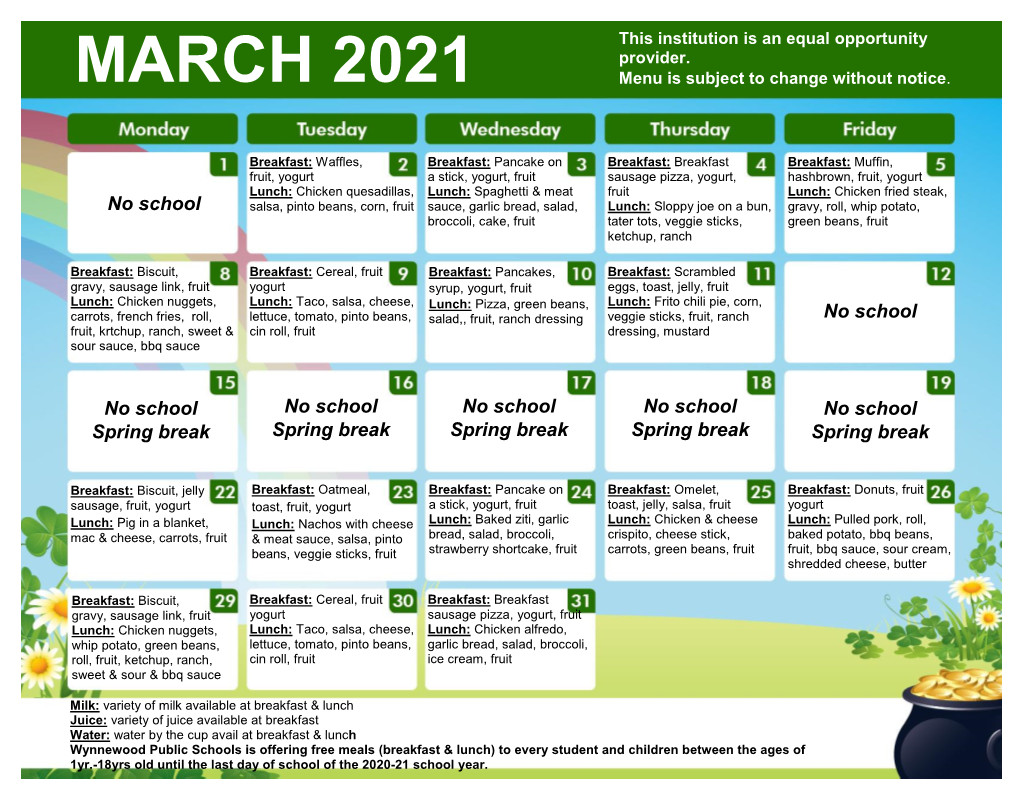 MARCH 2021 Menu Is Subject to Change Without Notice