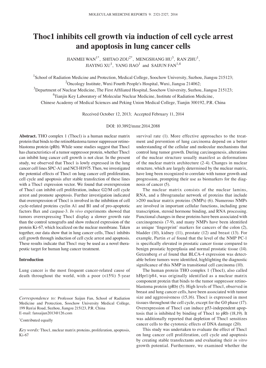 Thoc1 Inhibits Cell Growth Via Induction of Cell Cycle Arrest and Apoptosis in Lung Cancer Cells