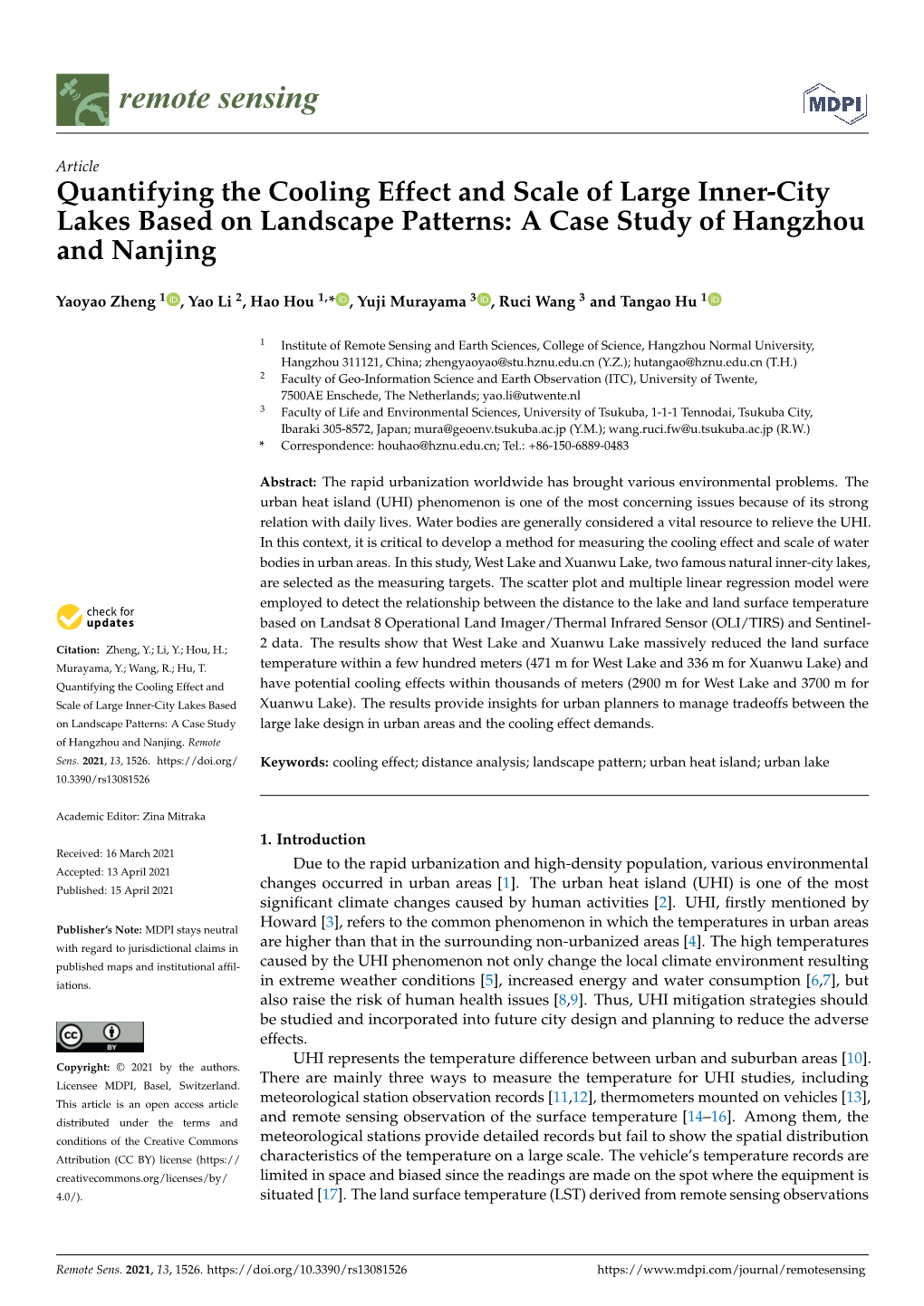 Quantifying the Cooling Effect and Scale of Large Inner-City Lakes Based on Landscape Patterns: a Case Study of Hangzhou and Nanjing