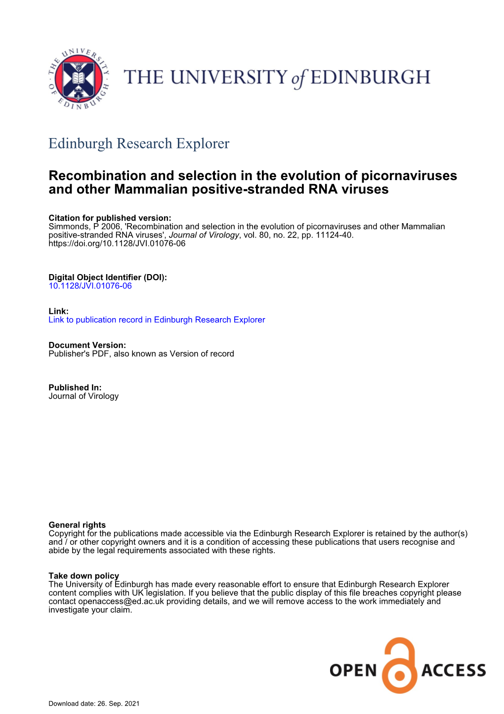 Recombination and Selection in the Evolution of Picornaviruses and Other Mammalian Positive-Stranded RNA Viruses