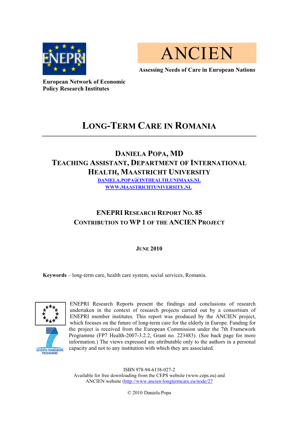 ANCIEN Assessing Needs of Care in European Nations