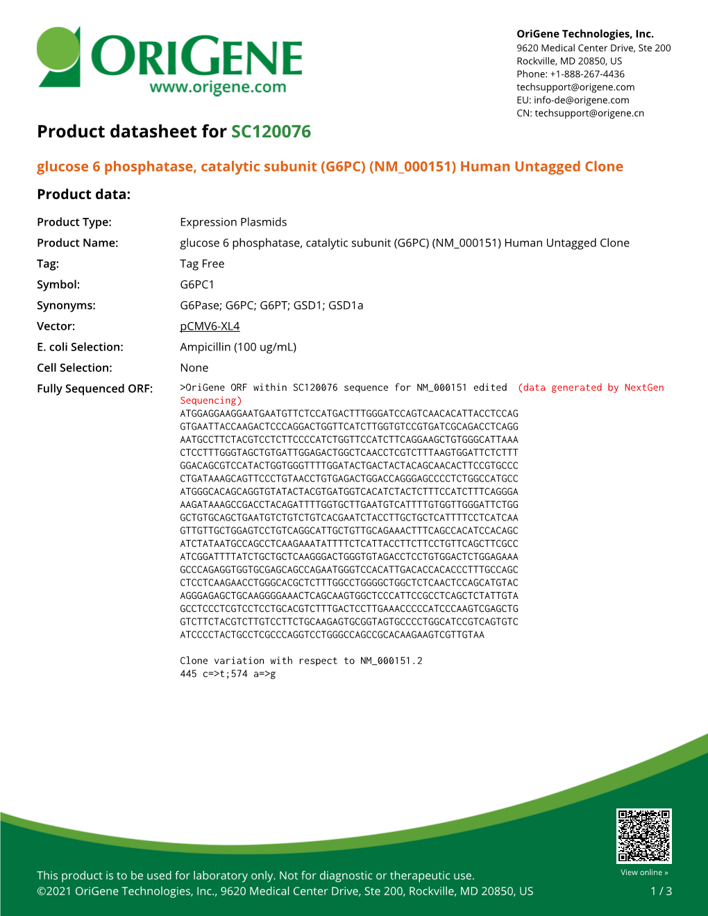 Glucose 6 Phosphatase, Catalytic Subunit (G6PC) (NM 000151) Human Untagged Clone Product Data