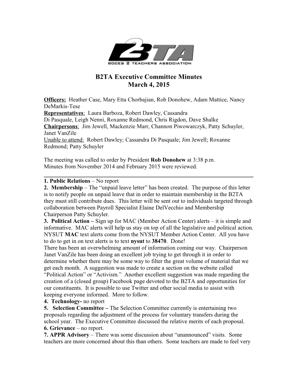 B2TA Executive Committee Minutes