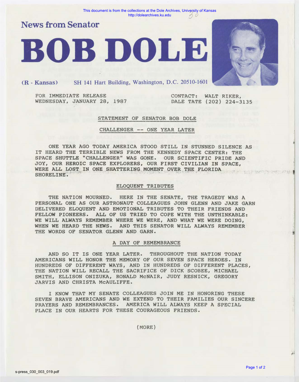 Statement of Senator Bob Dole