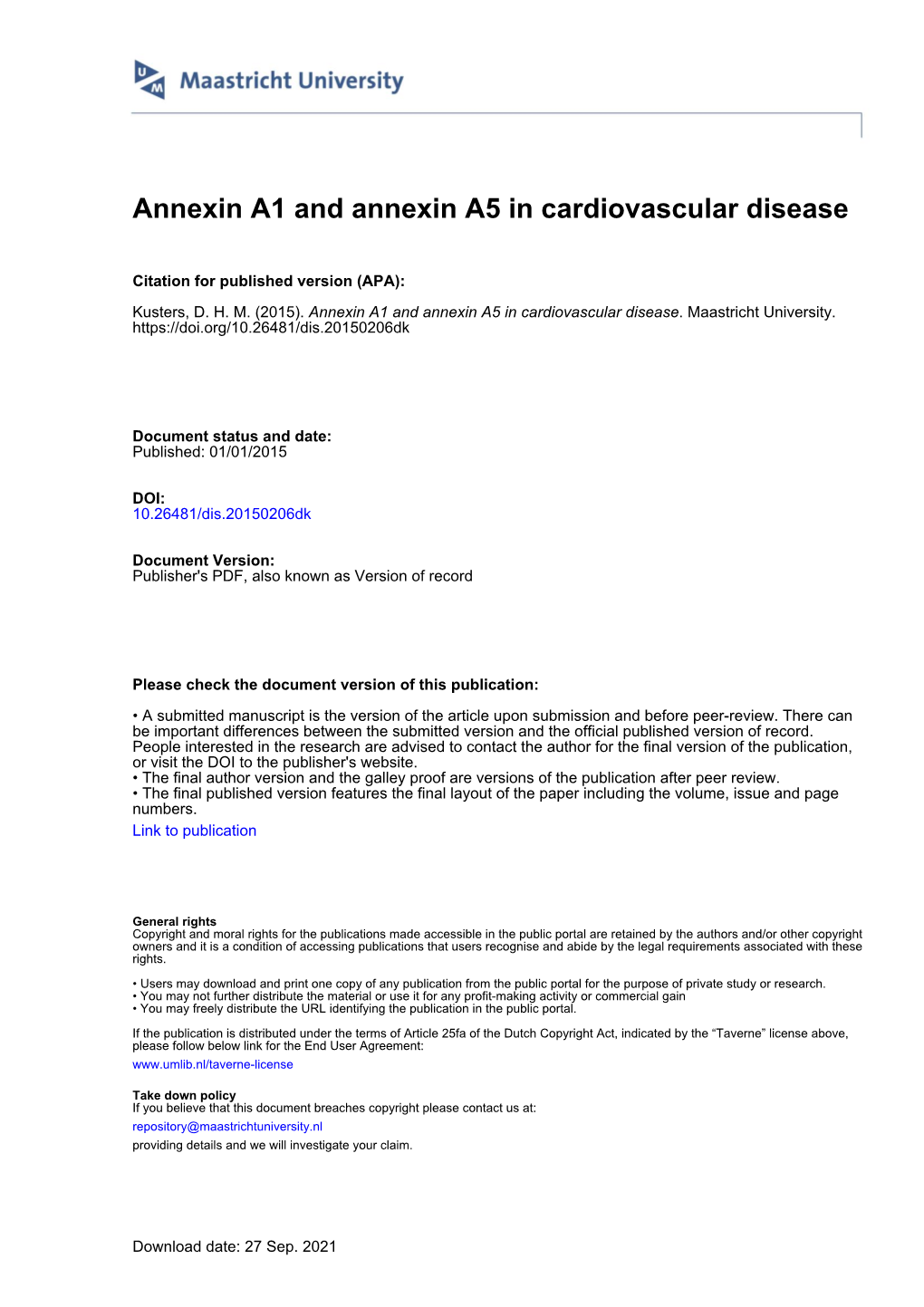 Annexin A1 and Annexin A5 in Cardiovascular Disease