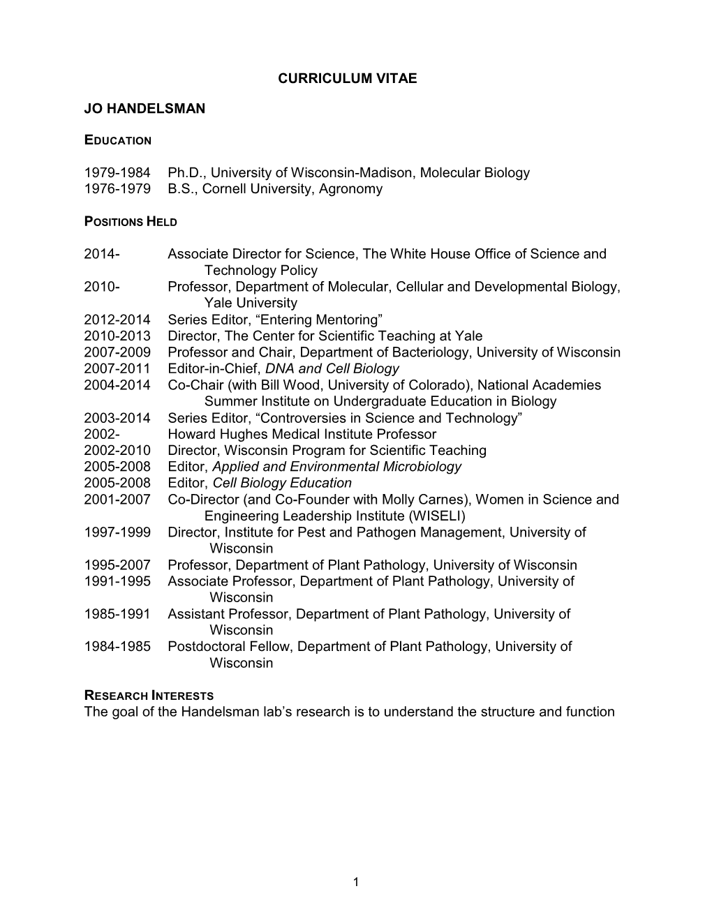 CURRICULUM VITAE JO HANDELSMAN 1979-1984 Ph.D