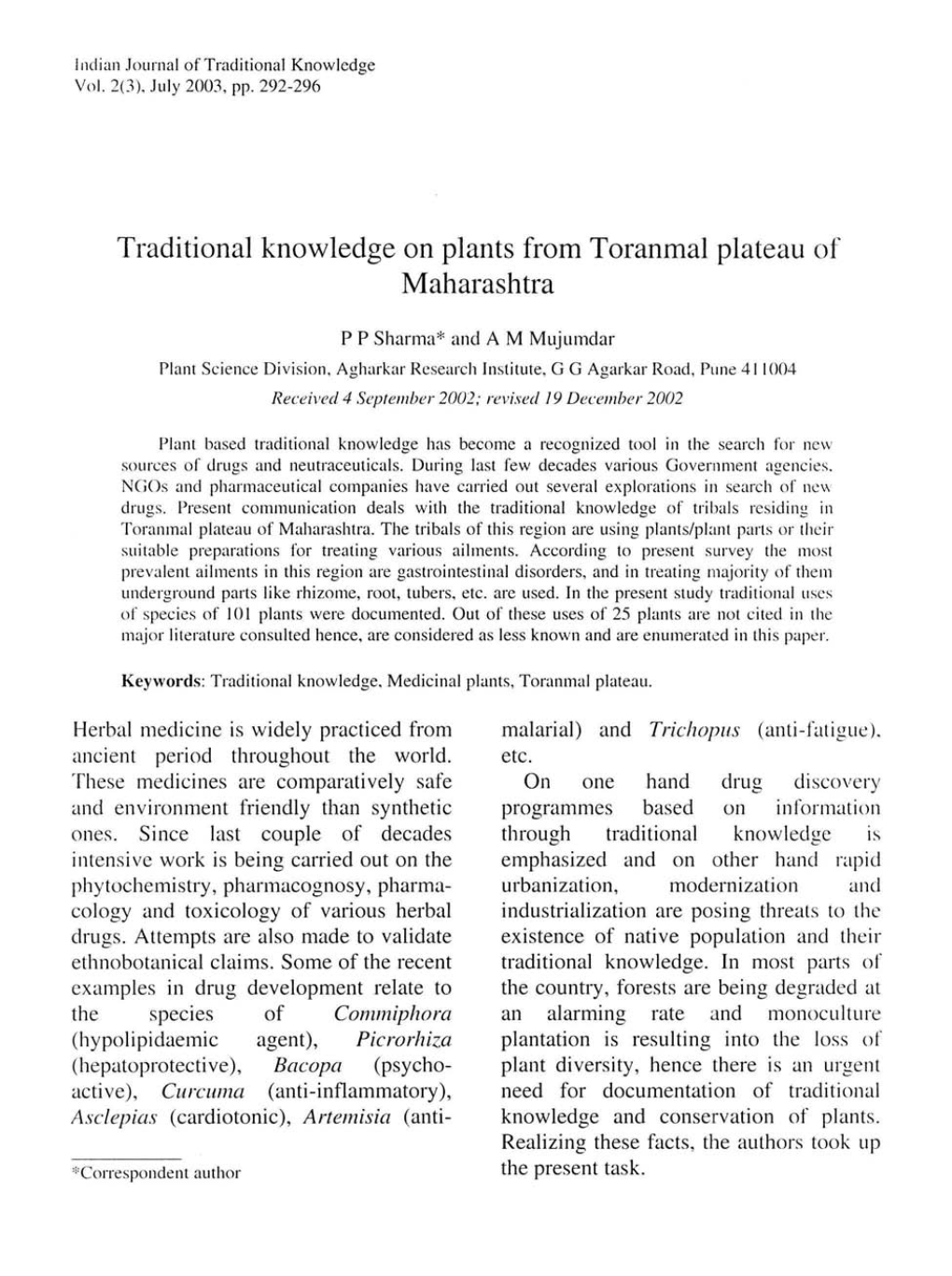 Traditional Knowledge on Plants from Toranmal Plateau of Maharashtra
