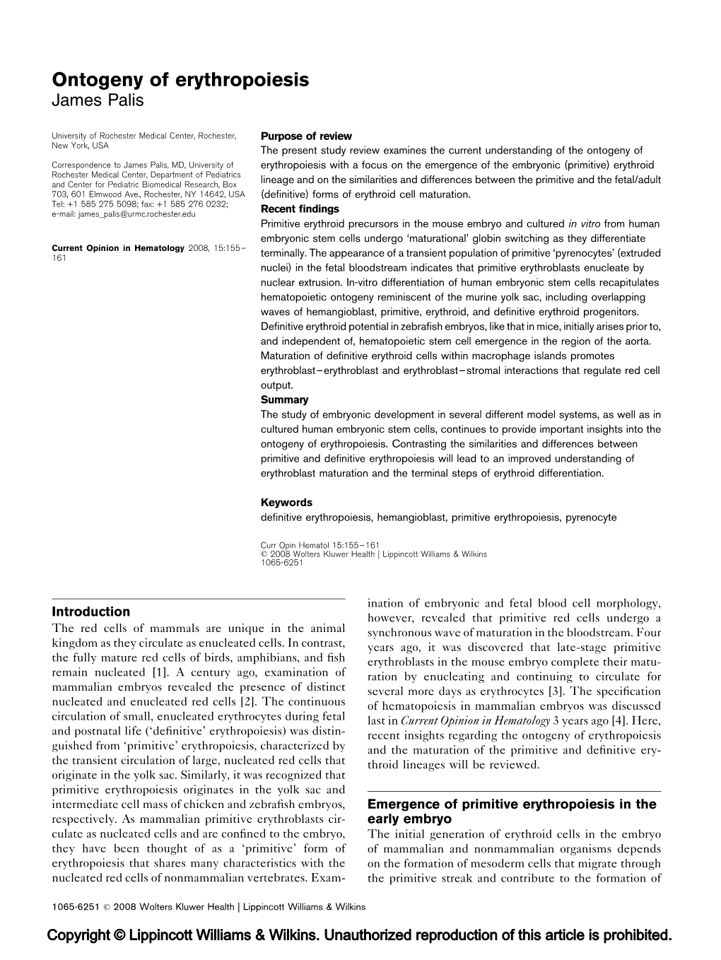 Ontogeny of Erythropoiesis James Palis