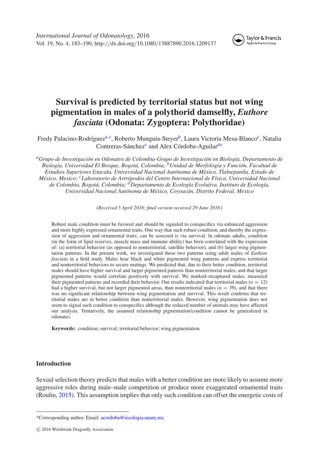 Survival Is Predicted by Territorial Status but Not Wing Pigmentation in Males of a Polythorid Damselfly, Euthore Fasciata