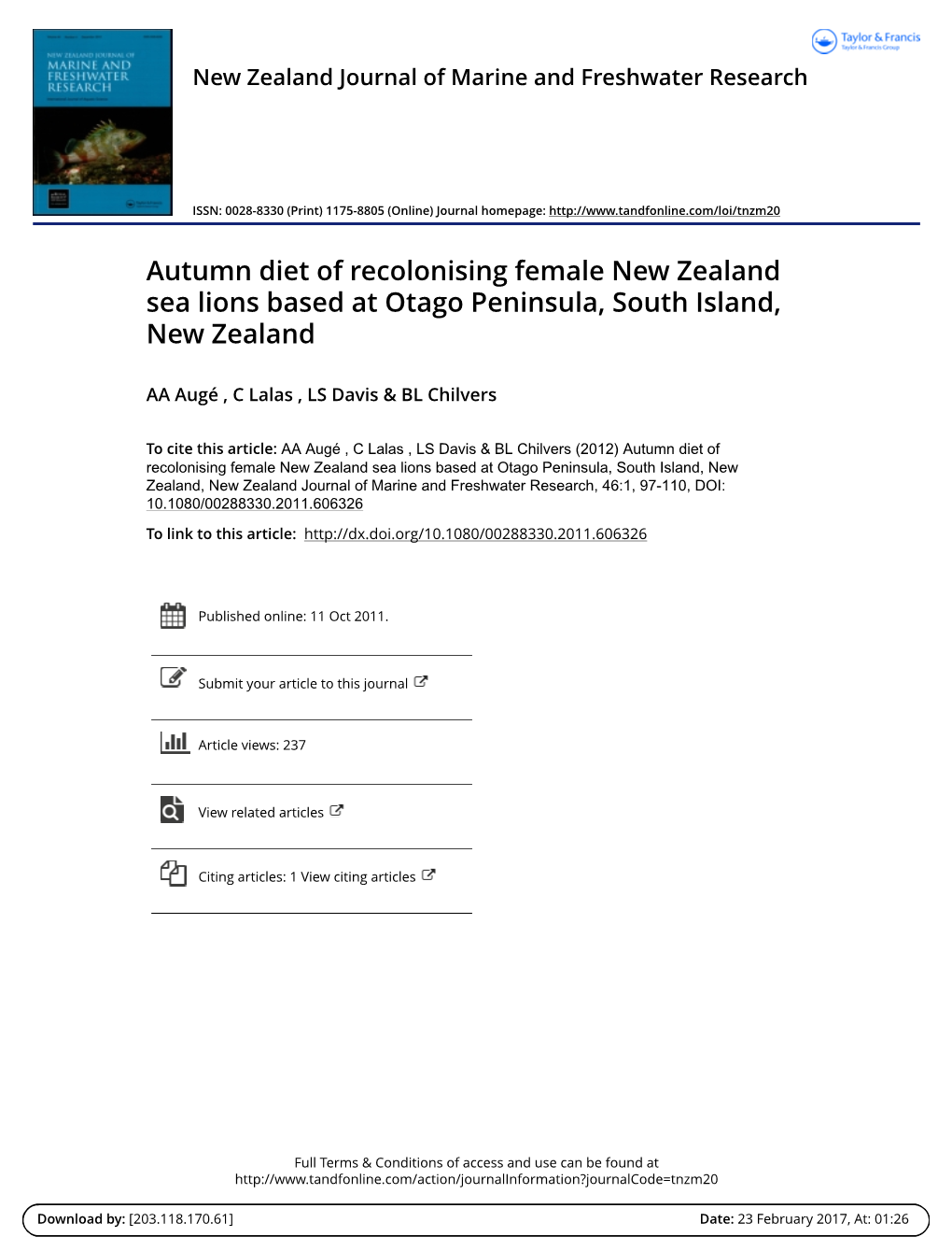 Autumn Diet of Recolonising Female New Zealand Sea Lions Based at Otago Peninsula, South Island, New Zealand