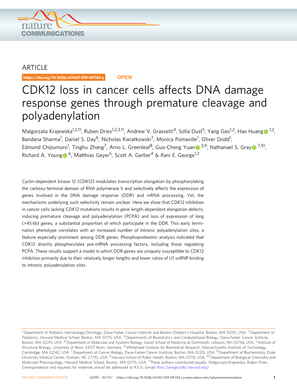 CDK12 Loss in Cancer Cells Affects DNA Damage Response Genes Through Premature Cleavage and Polyadenylation